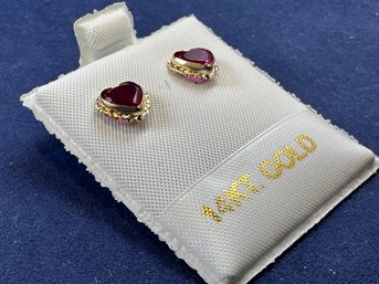 14K Yellow Gold Ruby Heart Earrings