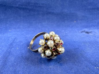 Antique 14K Seed Pearl And Ruby Ring, Size 7.5