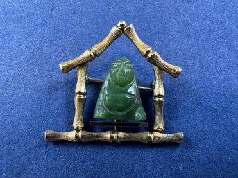 Vintage Krementz Jade Buddha Brooch 14k Gold Overlay ~ Asian Influence ~ Unique!