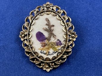 Vintage Dried Flower And Signed Pendant, Pin Brooch In Gold Tone