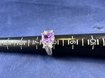 Sterling Silver Ring With Purple Stone And Diamond Simulants, Size 8