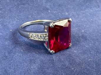 Sterling Silver And Lab Created ? Ruby Ring With Diamond Simulant Accents, Size 7
