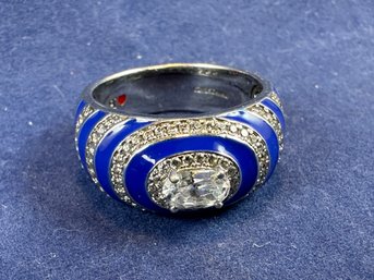 Sterling Silver With Blue Enamel And Diamond Similant, Ring, Size 7