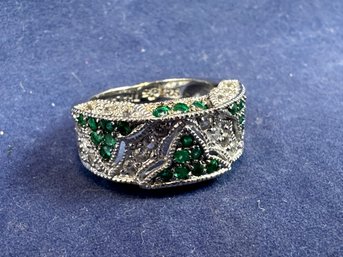 Sterling Silver With Diamond Simulants And Chrome Diopside Ring, Size 5