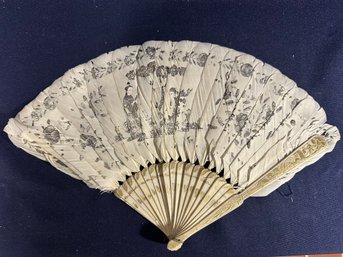 Vintage Asian Feather Hand Painted Fan With Carved Bone Handle