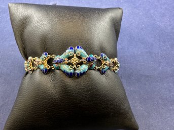 Gold Tone With Blue Enamel Butterfly Bracelet, Safety, 7'