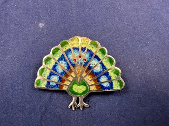 Sterling Silver & Enamel Peacock Pin Brooch, Mexico