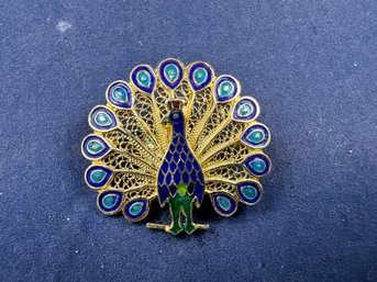 Gold Over Sterling Silver Filagree Enamel Peacock Pin Brooch - No Markings