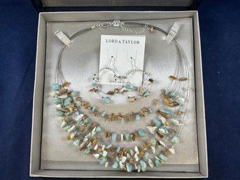 Lord & Taylor Mother Of Pearl, Shell And Stone Necklace & Earrings With Sterling Silver Accents