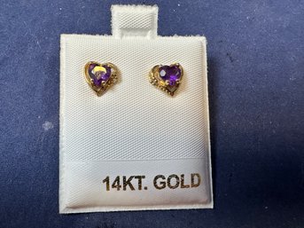 14K Yellow Gold Heart Amethyst Stud Earrings