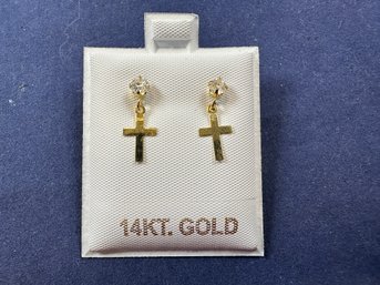 14K Yellow Gold Cross Diamond Simulant Stud Earrings