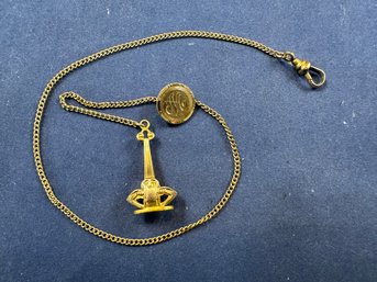 Victorian Gold Filled Pocket Watch Chain With Engraved Vest Clip / Button Hole Clip.