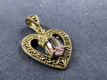 Sterling Silver, Amethyst And Marcasite Heart Pendant