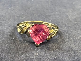 10K White Gold Pink Tourmaline? Topaz? Heart Ring With Diamond Accents, Size 6.75'