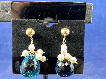Anna Balkan 14K Gold Filled Faceted Blue Topaz And Pearl Earrings