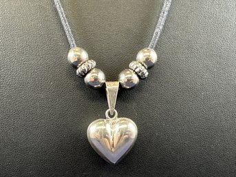 Sterling Silver Heart Pendant And Beads On Adjustable Black Leather Necklace