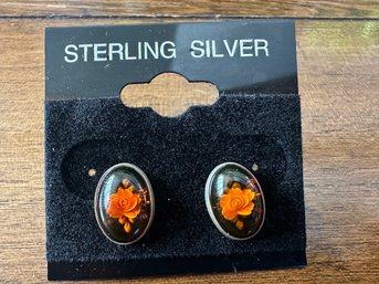 Sterling Silver Carved Rose Amber Earring