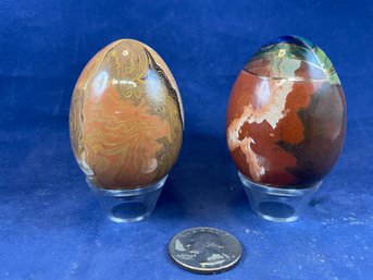 Two Hand Painted Terracota Eggs With Stands