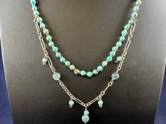 Sterling Silver And Turquoise Bead Necklace, 18'
