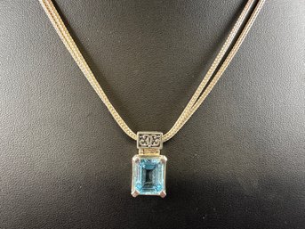 Sterling Silver Double Strand Necklace With Blue Topaz Pendant, 16'