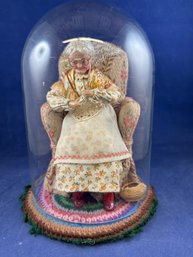 VINTAGE, Artisan Made Victorian Grandma In Rocking Chair Knitting In Glass Cloche