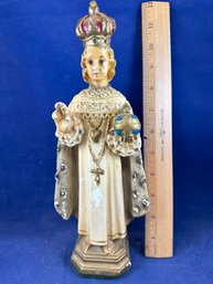 VINTAGE, Religious Figurine, Infant Of Prague, 11' Tall, Damage To Finger, Paint Loss And Chips, Felt Base