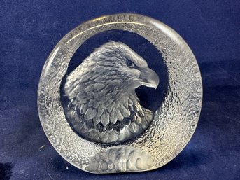 Mat Jonasson Small Crystal Glass Eagle Paperweight, Signed, 3' Round