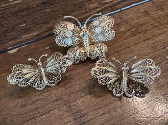 Trio Of Fillagree Gold Over 800 Silver Butterfly Pins