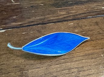 Norway Sterling Silver Blue Enamel Leaf Broach Pin