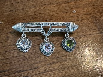 Sterling Silver Marcasite And Semi Precious Stone Bar Pin Brooch