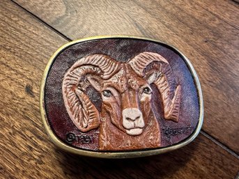 Solid Brass And Leather Ram Belt Buckle, BBB 1981