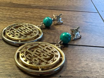 1960 Gold Tone  Chinese Earrings With Jade Green Glass Drops