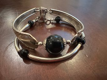 Sterling Silver And Black Onyx Double Strand Bracelet With Magnetic Clasp