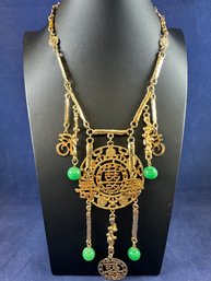 1960 Gold Tone Ornate Chinese Bib Necklace With Jade Green Glass Drops