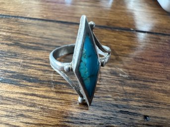 Sterling Silver Turquoise Diamond Shape Ring, Size 6