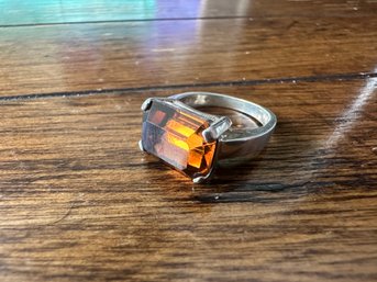 Sterling Silver Amber Colored Stone Ring, Size 7
