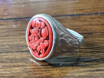 Sterling Silver Carved Coral Ring, Size 6