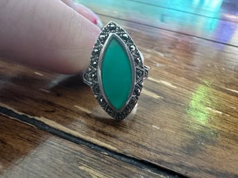 Sterling Silver Marcasite With Green Transulcent Stone Ring, Size 7