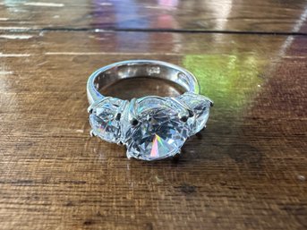 Sterling Silver Triple Stone Diamond Simulant Ring, Size 7