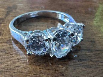 Sterling Silver Triple Stone Diamond Simulant Ring, Size 6.75