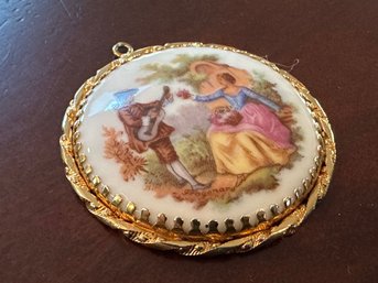 Porcelain Mini Mirror Pendant With Victorian Scene, Needs Bail