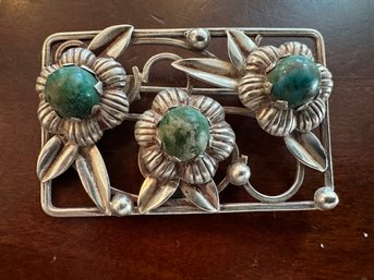 880 Silver And Malachite Flower, Pin Brooch