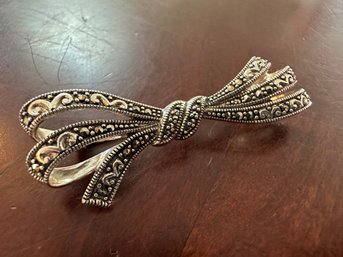 Sterling Silver And Marcasite Bow, Pin Brooch