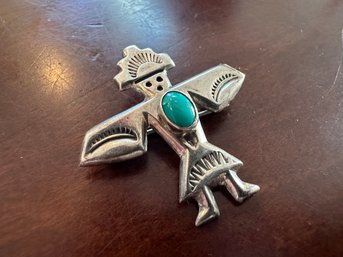 Sterling Silver And Turquoise Aztec Southwest Style Pin Signed  FJ