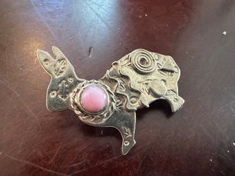 Sterling Silver Southwest Style Rabbit Pin With Pink Cabachon, Signed