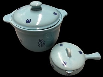 Vintage Bake Oven USA Cronin Blue Tulip Bean Pot/Covered Casserole And Sauce Bowl