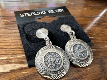 Sterling Silver Aztec Sun Earrings, Mexico