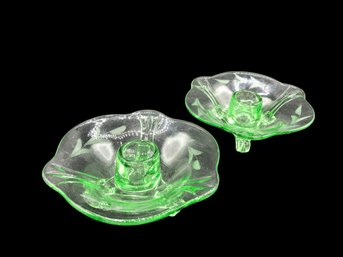 Pair Of Green Depression Glass Uranium(?) Glass 3 Footed Taper Candle Holder