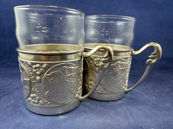 Pair Of Israel Silver Plated Cup Holders With Glass Liners