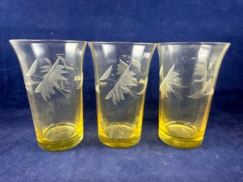 Trio Of Vintage Glasses - Yellow Etched
